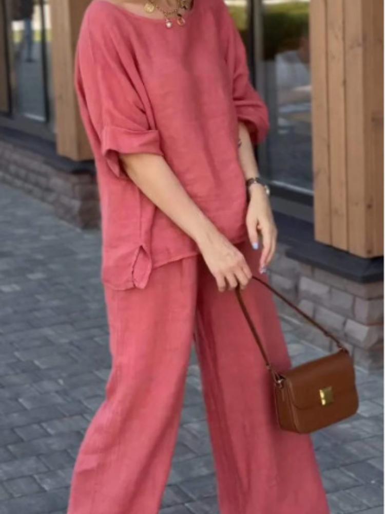 

Women s Casual Loose Fit Short Sleeve Top and Wide Leg Pants Set in Yellow, Blue, Green, White, Pink 5XL персиковий