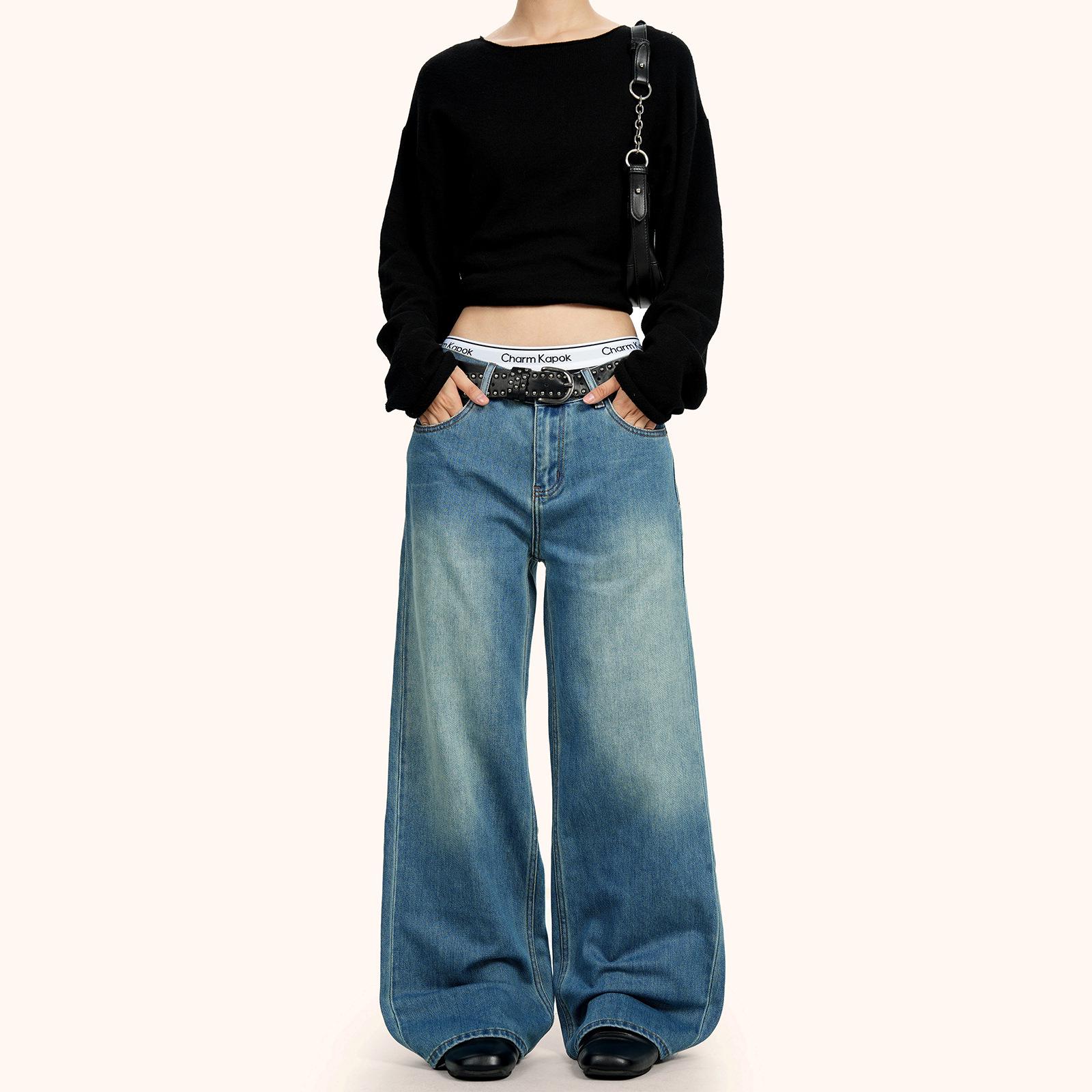 Yongfang Unisex Retro Blue Distressed Straight Leg Jeans - Casual Slimming Wide-Leg Pants Small