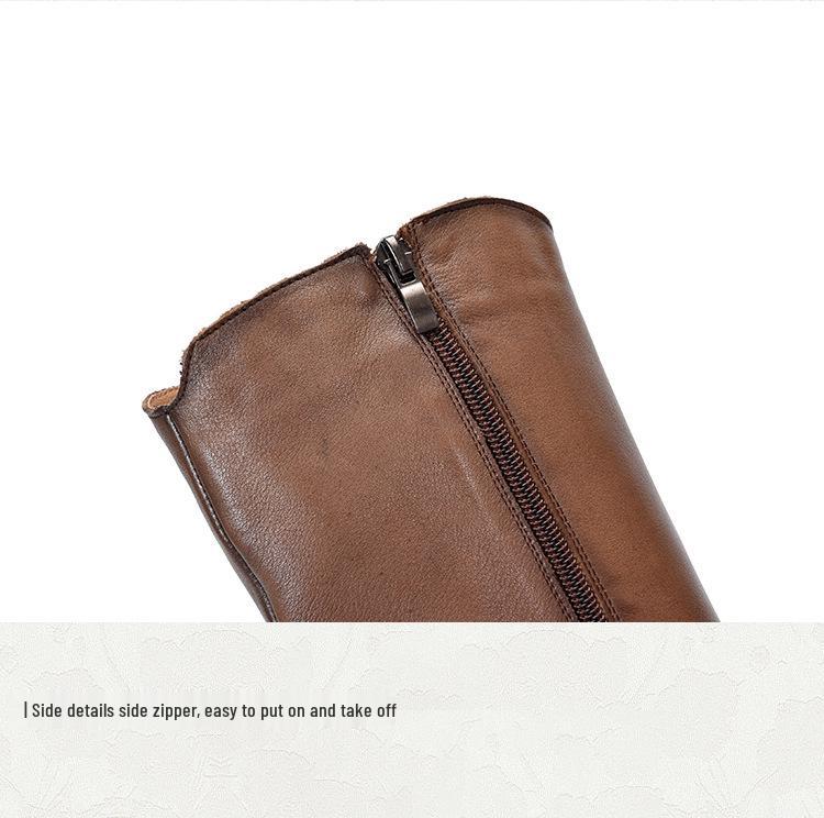 Botki jeździeckie do połowy łydki z prawdziwej skóry z bocznym zamkiem błyskawicznym, 2025 Jesień/Zima, ocieplane polarem, damskie kozaki na średnim obcasie ze skóry bydlęcej.