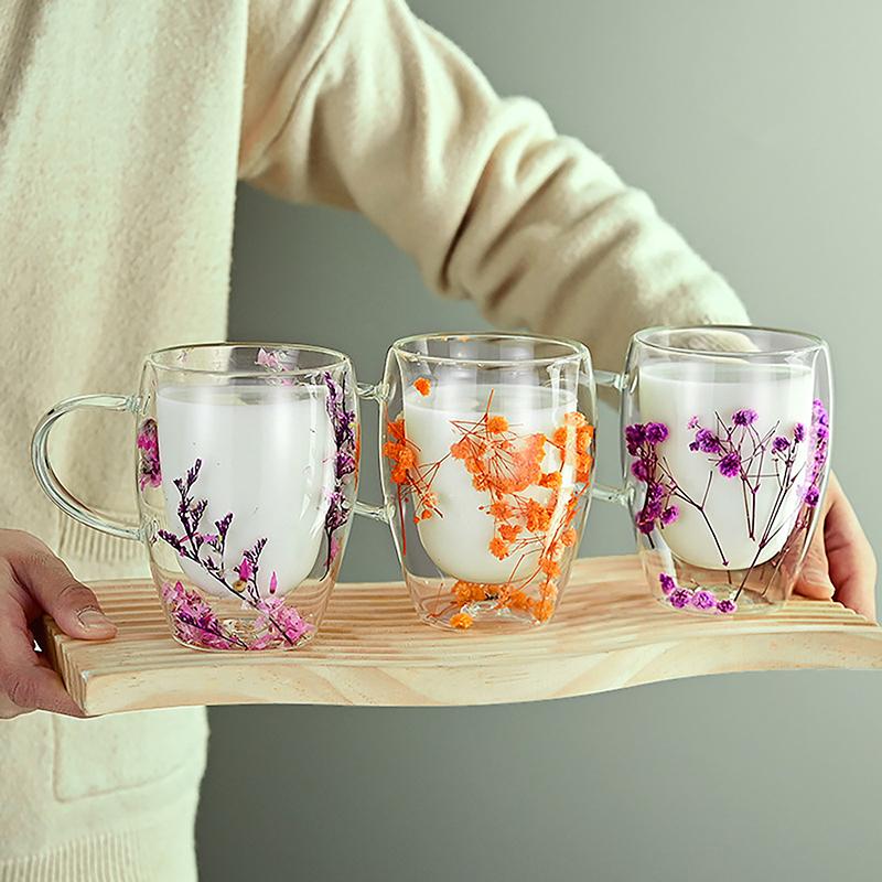 1 taza para té y café de vidrio de borosilicato de alta calidad Ins Trends, taza con flores secas y flores, taza de vidrio de doble pared resistente al calor simple