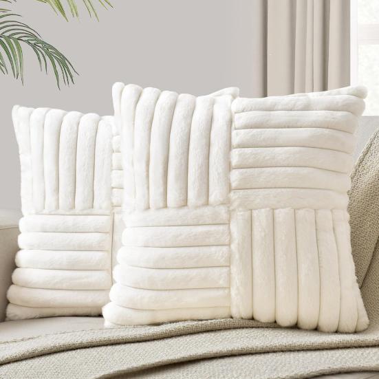 Plush Throw Pillow Cover 18x18 Inch Soft Faux Fur Striped Cushion Cover Machine Washable Fluffy Pillowcase for Sofa Living Room Bedroom Decor