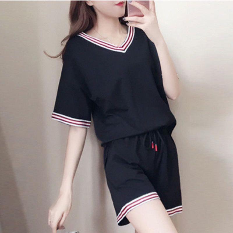 200 Jin Plus Size Women's Casual Summer Suit, Korean Style, Black Loose-Fit Short Sleeve Shorts Two-Piece Set