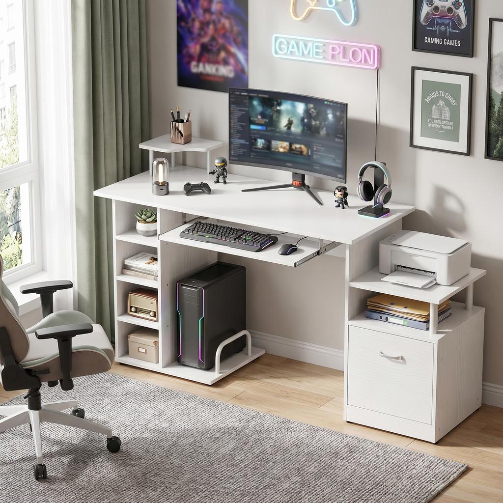 Computer Desk with Drawer Shelves CPU Storage Rack White