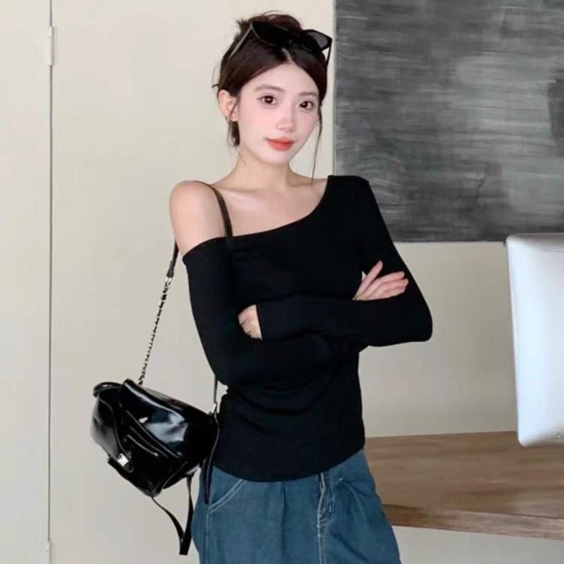 Women Autumn Long-sleeved Slash Neck Crops Tops Elastic Sexy Slim Backless T-Shirts Female New Fashion Lace-up Solid Top Tees