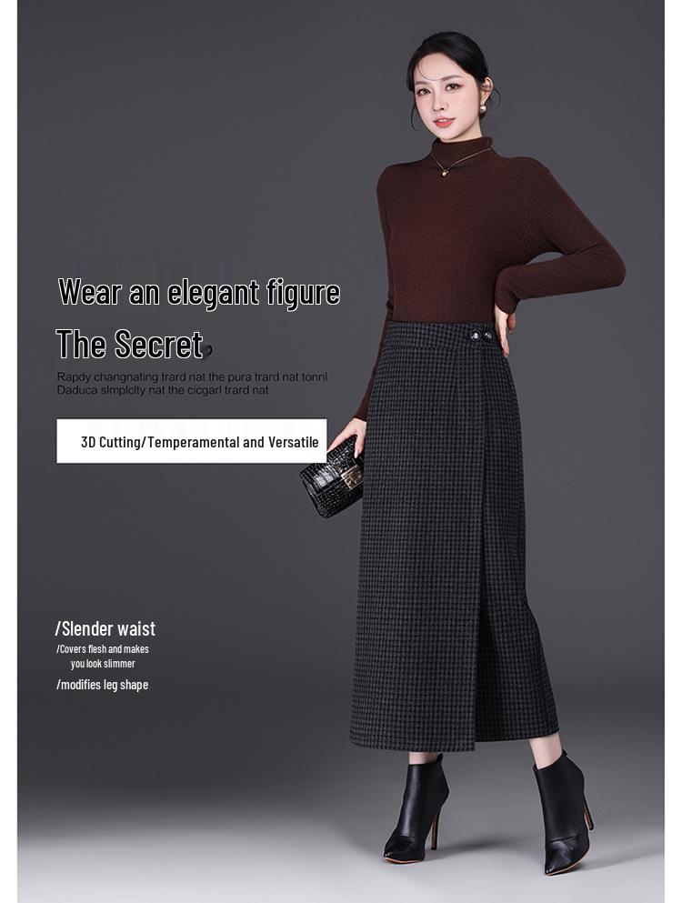 Plaid Woolen High-Waisted Pencil Skirt: Winter 2025 Korean Style, Thickened and Warm with Slit