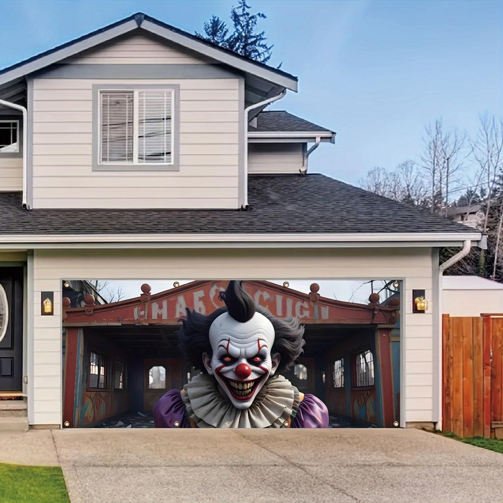 A Halloween Garage Flag with the Background of a Demon Clown In an Abandoned Garage, Outdoor Garage Festival Wall Decora