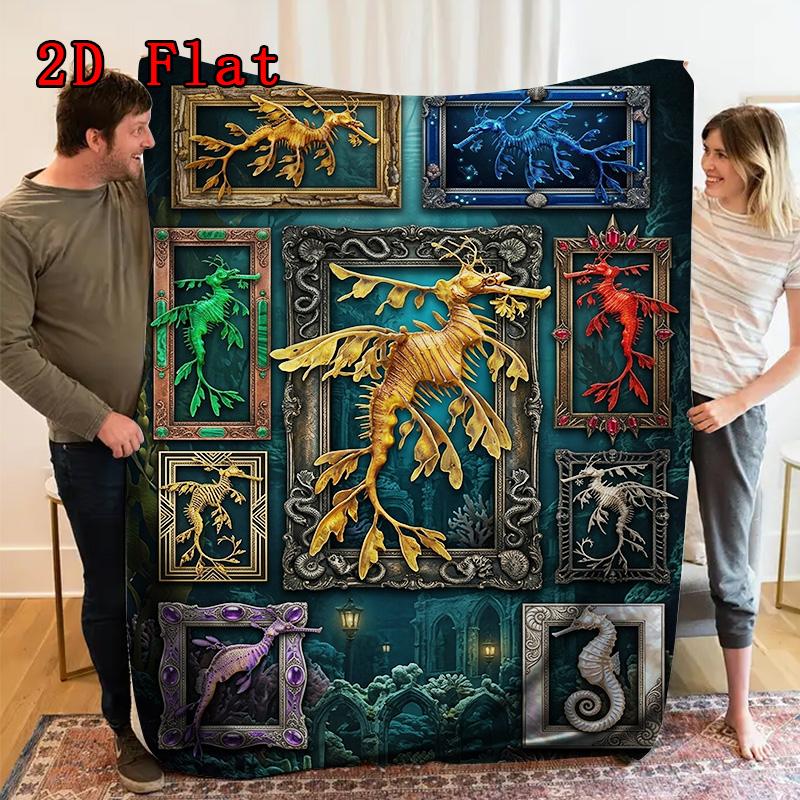 Golden Sea Dragon Frames 2D Flat Pattern Flannel Blanket, High Quality All Seasons, Home Decor, Warmth and Comfort, Perfect for Christmas Gifts.
