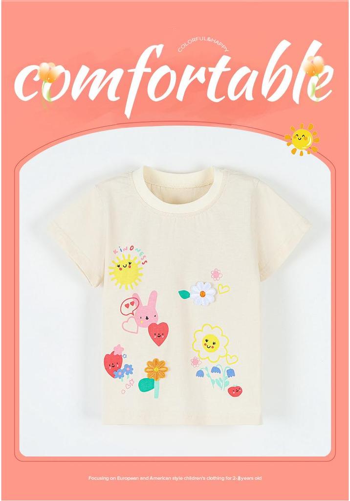 2026 Summer Girls' Floral Print Short-Sleeve T-Shirt - European & American Fashion, Round Neck Children's Clothing