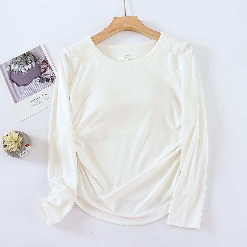 Chest-Padded Slim Fit Women's Top: Round Neck, Long Sleeve, Fishtail Hem, No Bra Needed, Autumn/Winter Style.