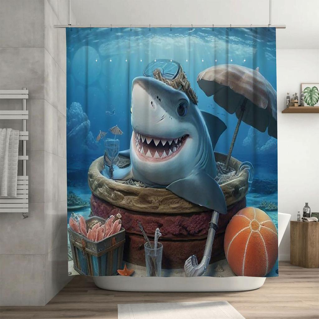 Fun Shark with Umbrella Waterproof Shower Curtain Heat Resistant Machine Washable Non-Transparent 180x180cm