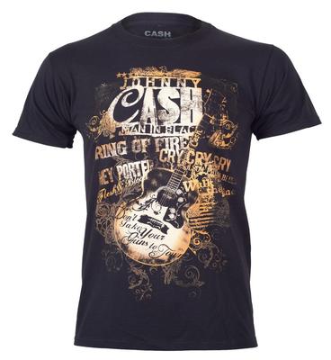 Johnny Cash T-Shirt Schwarz Songtitel Gitarre Text Offiziell Neu