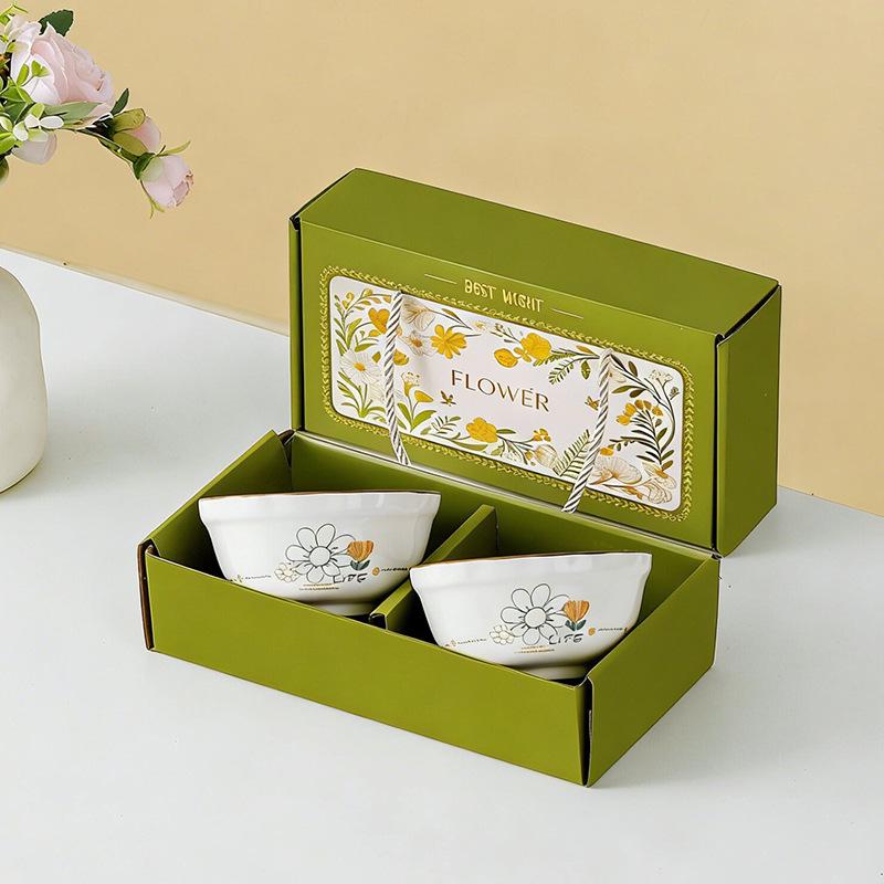 Pastoral Ceramic Tableware Gift Set: Rice Bowl, Spoon, and Chopsticks