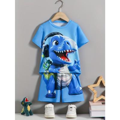 Summer 2-piece Casual Co Ord Set For Boys Headphone And Dino Print Versatile Short Sleeve Tee And Shorts Comfy Clothes