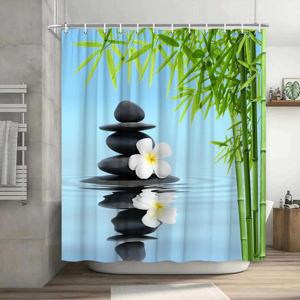 Green Bamboo Zen Stone Shower Curtains Lotus Flowing Water Zen Landscape Shower Curtain Home Bathroom Decoration Set with Hooks