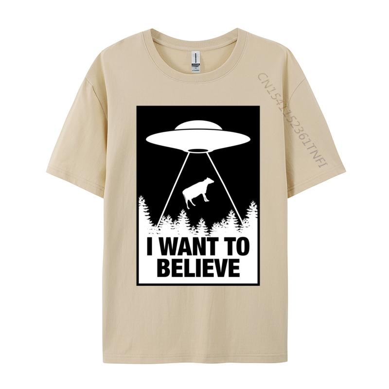 I Want To Believe Ufo Abducting A Cow Normal Fashionable Normal T Shirts Cotton Camisa Unisex Tees Print T Shirts
