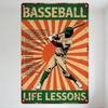 Vintage Baseball Life Lessons Metal Tin Sign with Dynamic Player Illustration - Retro Home Bar Cafe Wall Decor for Man Cave