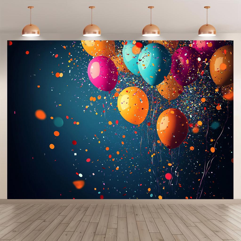 A 2D flat banner background for home decoration, featuring colorful balloons and confetti.