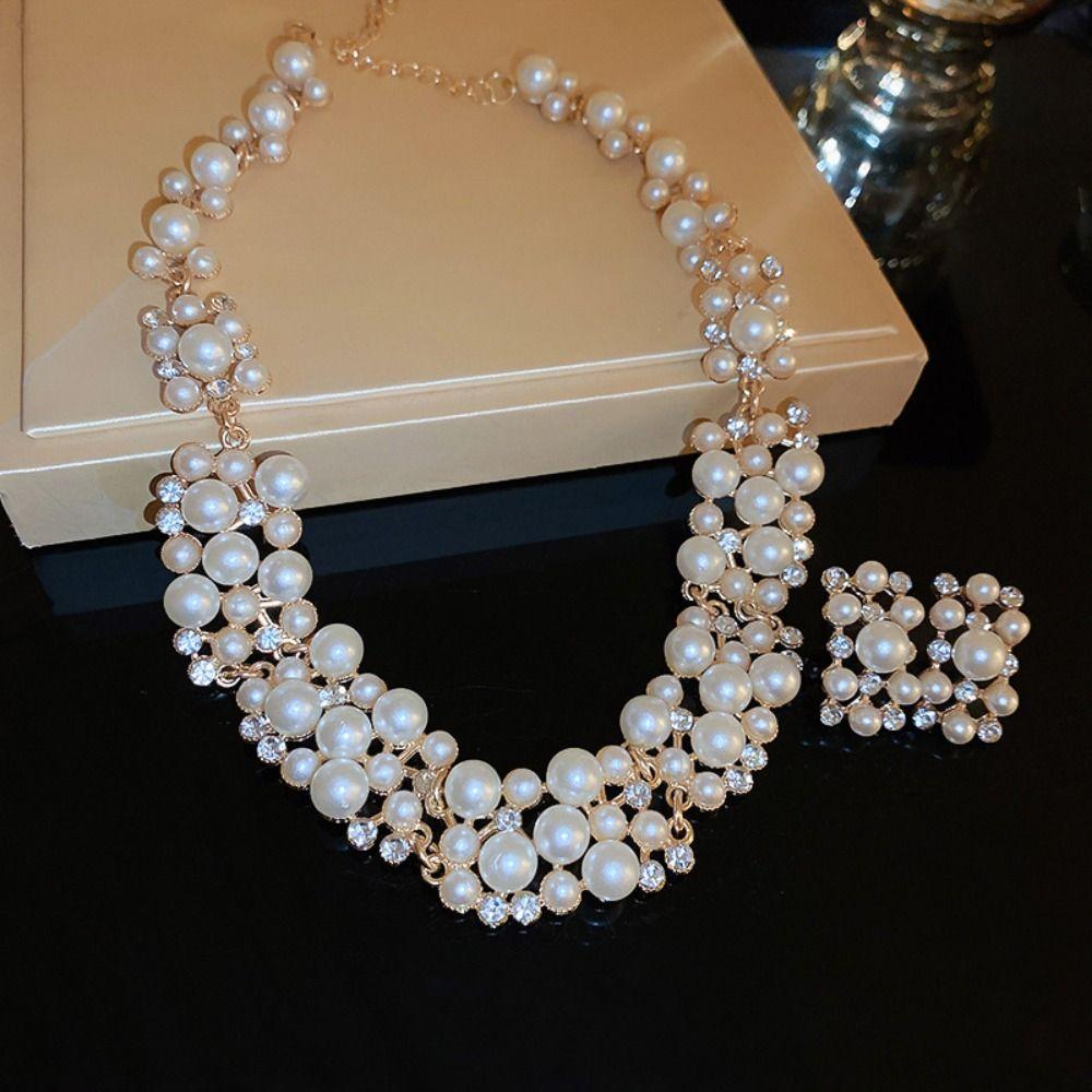 Court Style Design Pearl Necklace Multi-layer Pearl Neck Chain Trendy Wedding Jewelry Set  Women