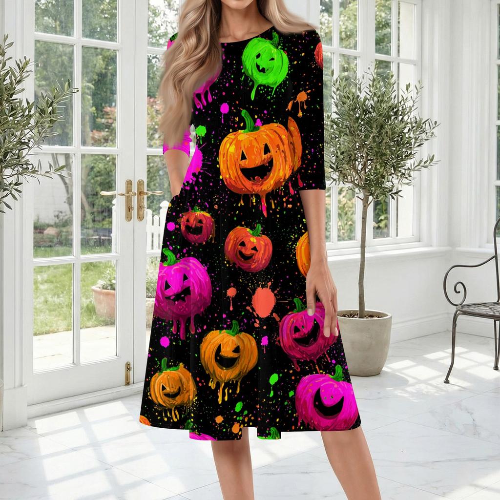 Women's Halloween Print Three-Quarter Sleeve Round Neck Midi Dress for Casual and Stylish Fall Outfits