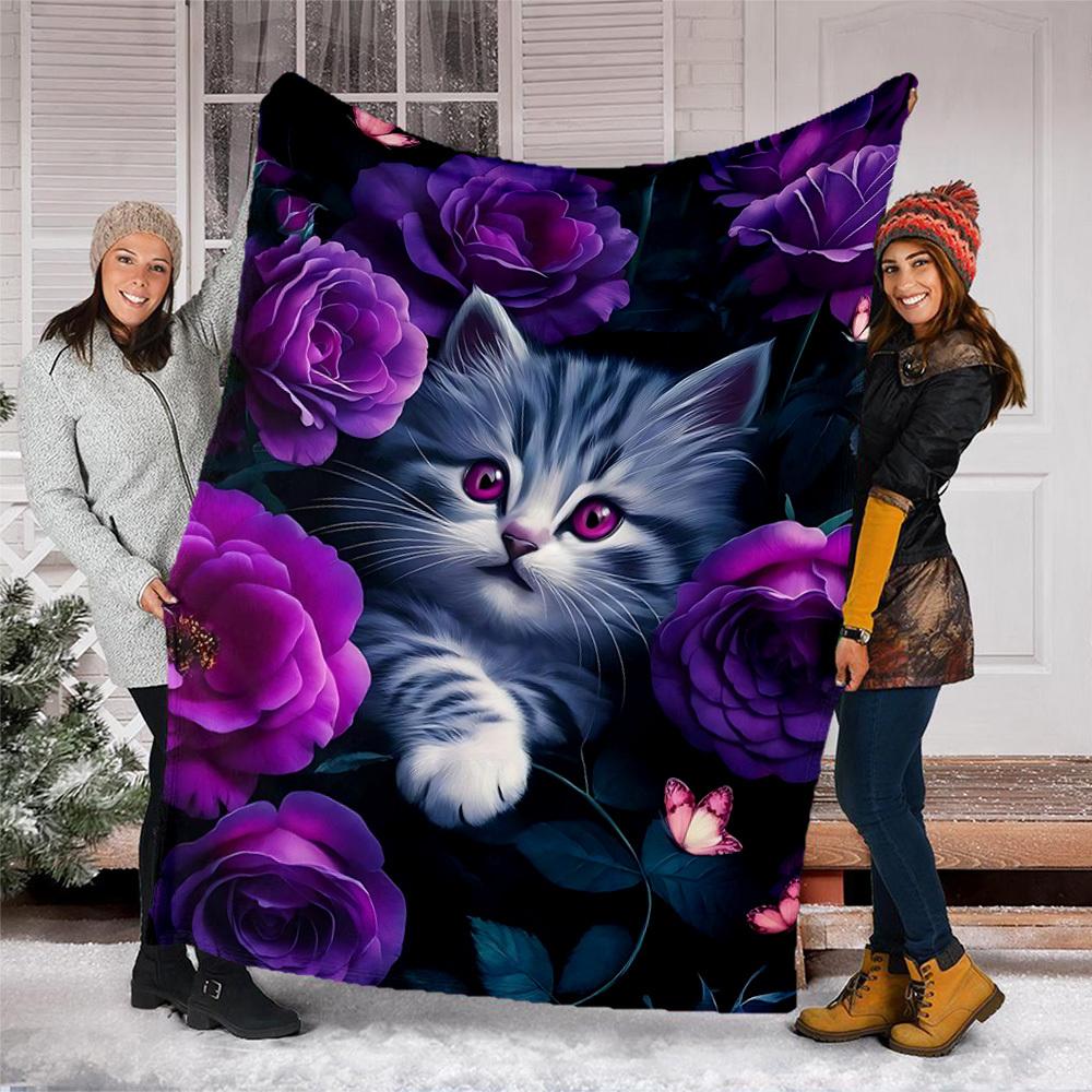 1pc Cat Roses Outdoor Blanket - Soft Flannel Cozy for Travel & Camping - All-Season Warm Bed Cover, Machine Washable yy251229102