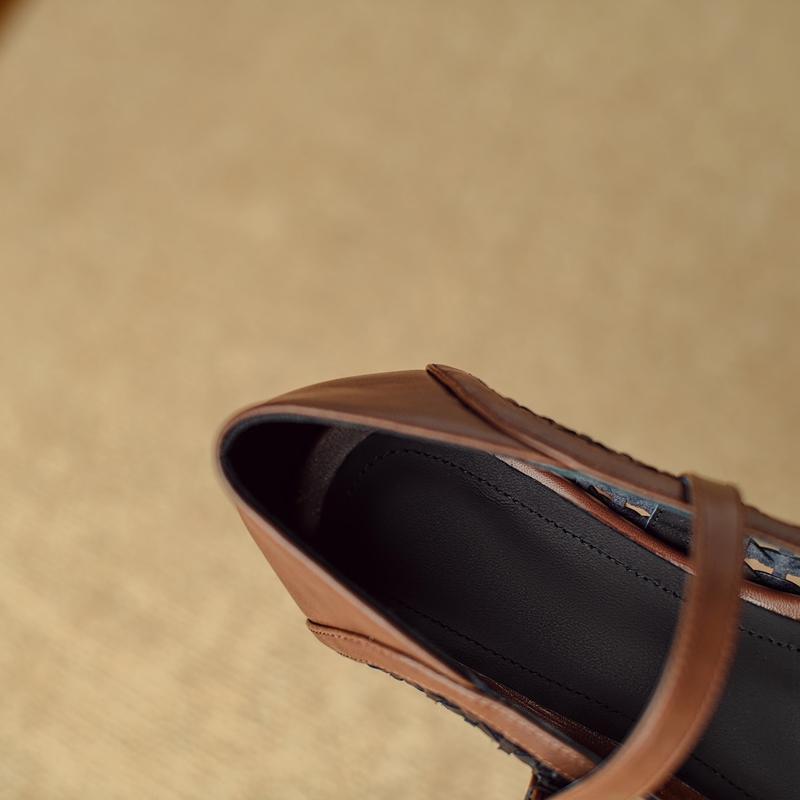 Fashion Women's New Spring and Autumn Woven Genuine Leather Cowhide Breathable Mid Heel Large Belt Buckle Mary Jane Single Shoes