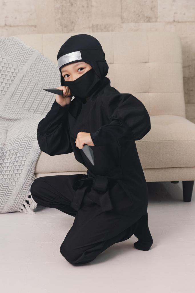 Clear Stone Halloween Ninja Cosplay Jet Black Costume, Black, Kids, 120cm,