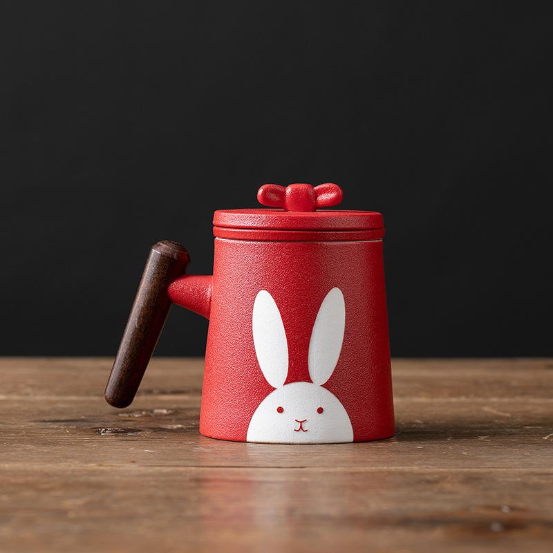 Big Red Ceramic Office Water Cup with High Appearance To Send Girlfriend Cute Rabbit with Filter and Lid Tea Separation Cup