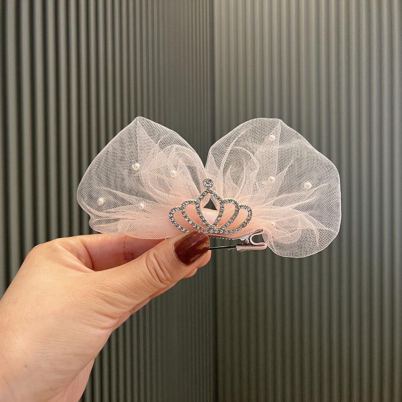 Summer Crown Bow Hair Clip for Kids – Cute Princess Mesh Pearl Hairpin