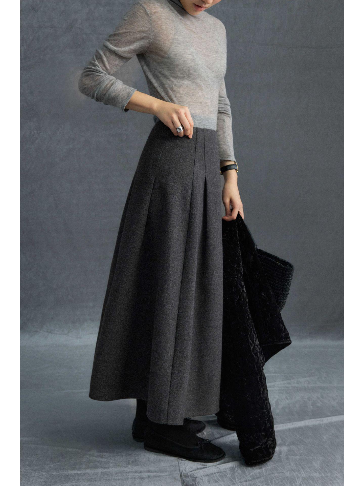 Shi Jian Classic Gray High-Waisted Pleated A-Line Winter Skirt Large темно-серого