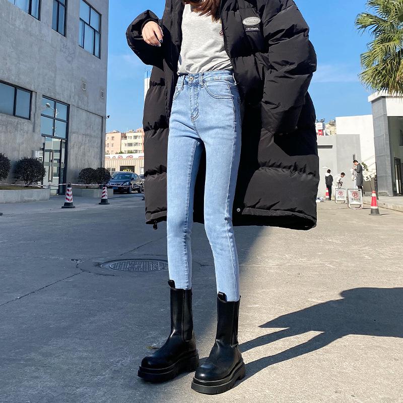 Women s High-Waisted Fleece-Lined Skinny Denim Pants - Light Blue, Stretchy, Slimming, Cropped, Autumn/Winter Style S