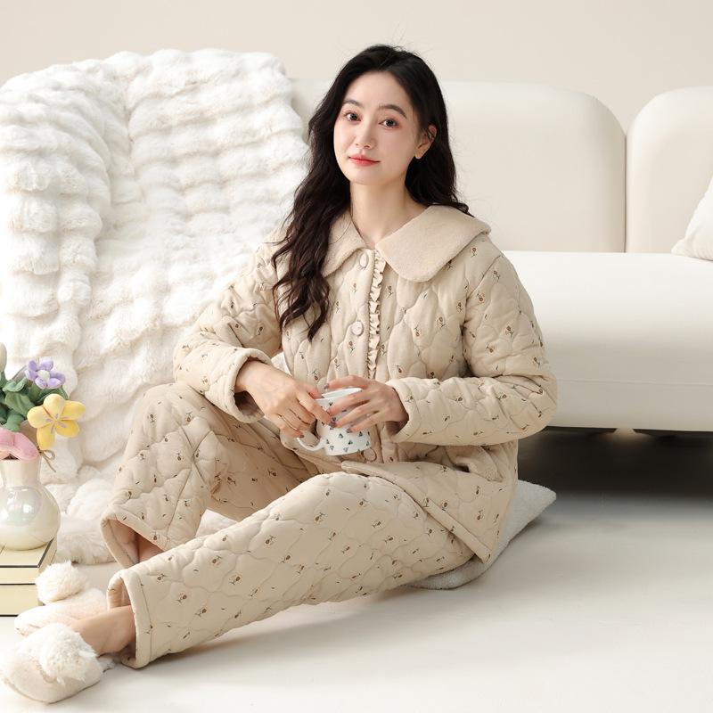 Pajamas Women'S Winter Three-Layer Thickened Fleece Woven Padded Cotton Women'S Autumn And Winter Coral Fleece Winter Padded Jacket Loungewear