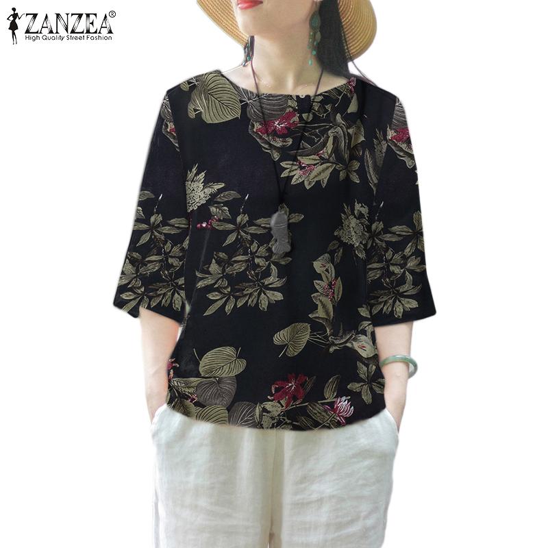 

ZANZEA Women Round Neck Loose Casual Floral Print 3/4 Sleeve Blouse S жёлтый