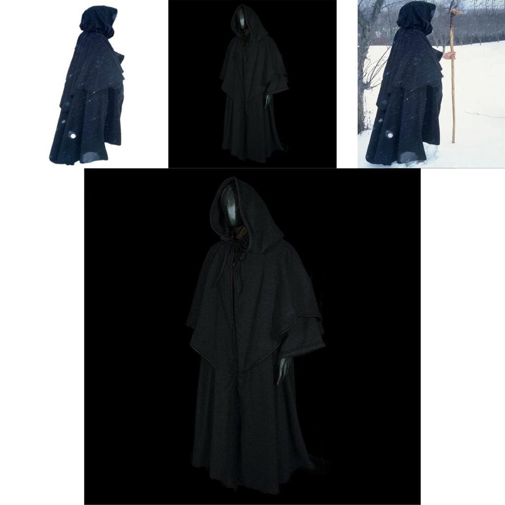 Elegant Black Medieval Cape Hood Robe Perfect For Renaissance Cosplay And Halloween