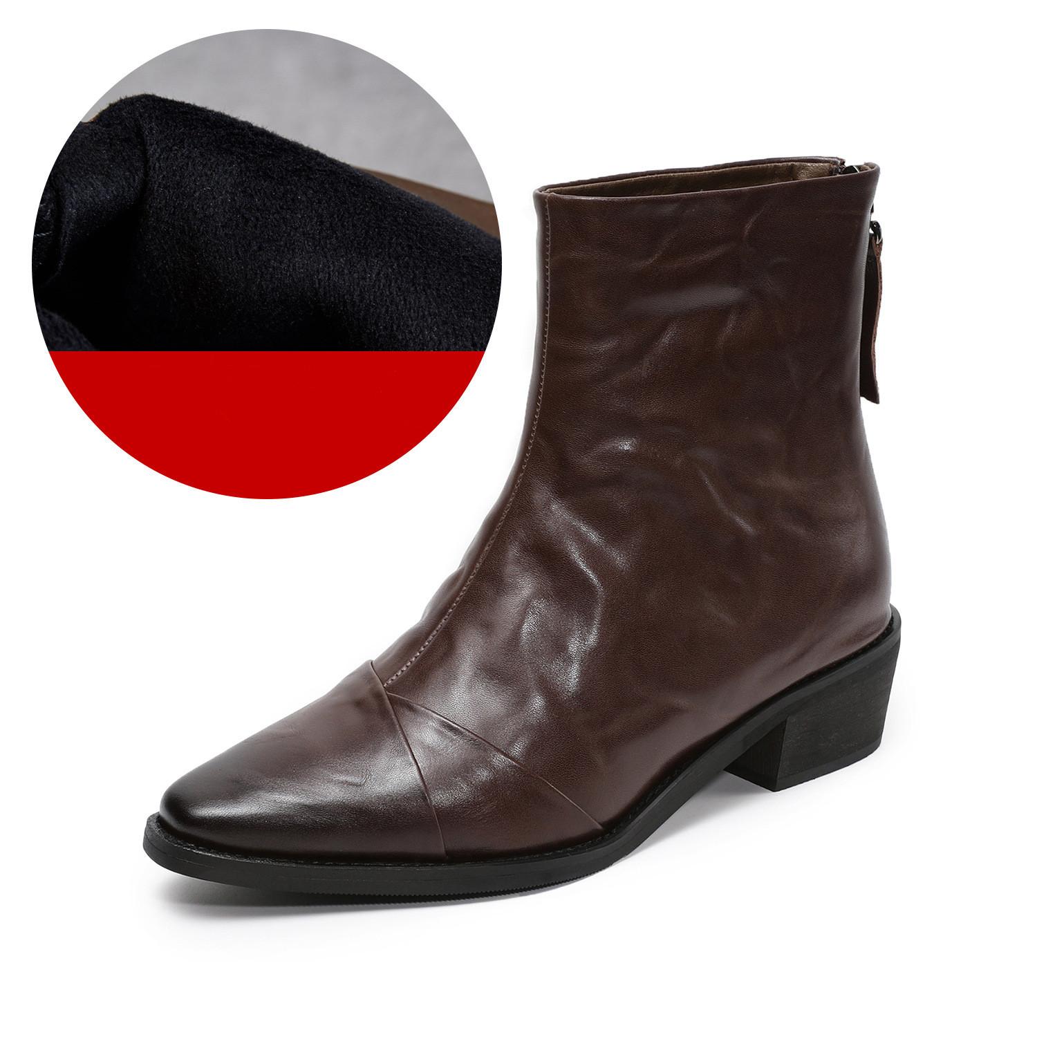 

Johnature Genuine Leather Mid Heeled Short Boots Fashionable Pointed Toe Thick Heel Women s Shoes 38 коричневый