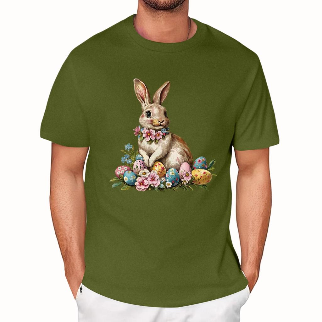 Easter - Men's Casual Baggy Bunny Print T-shirt Round Neck Pull-over Short-sleeved Top