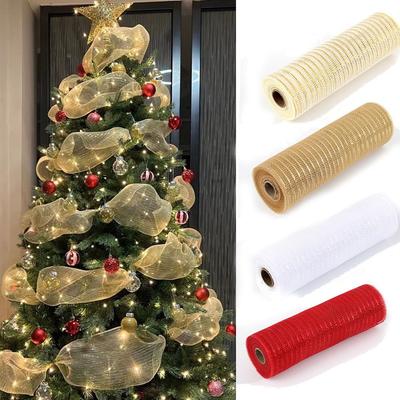 Fita de Malha de Decoração de Natal Brilhante Artesanato DIY Fita de Rede Colorida para Árvore de Natal Fita de Embalagem de Natal Feita à Mão