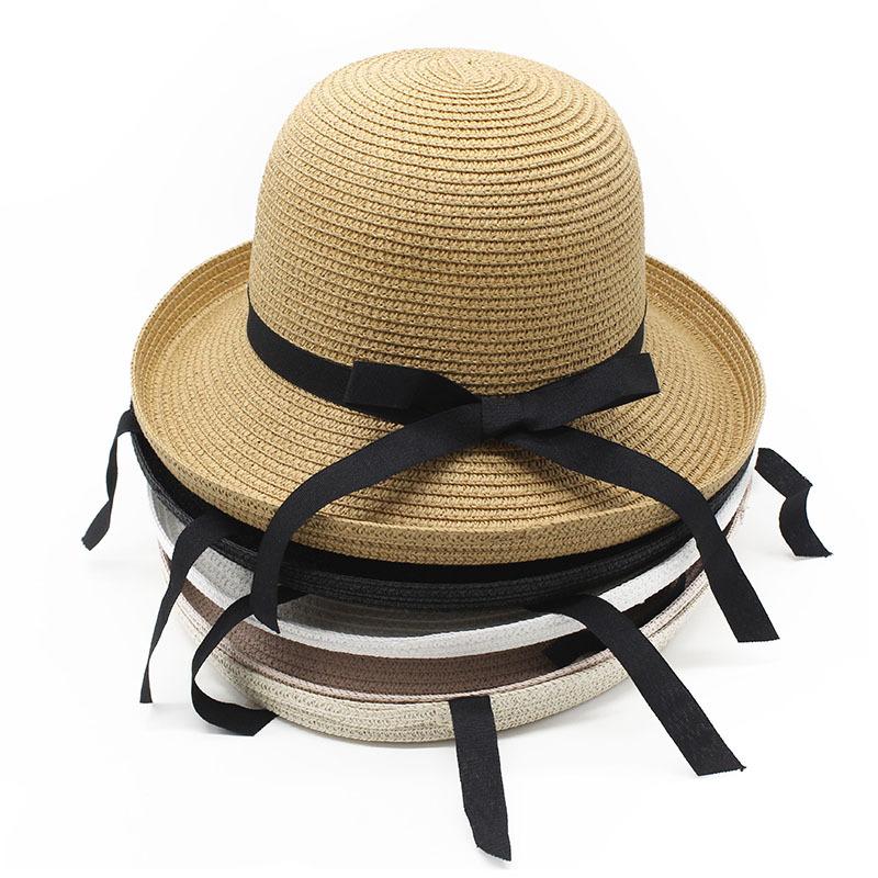 Summer Sunshade Straw Hat Black Silk Belt Bow Rolled Brim Hat Japanese Adult Basin Hat Women'S Sunscreen Folding Sun Hat