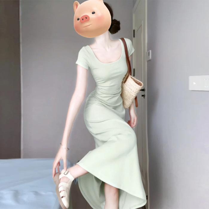 

Square collar dress women s clothing summer new imperial sister style French temperament slim-fitting hip-wrapped dress S зелёный