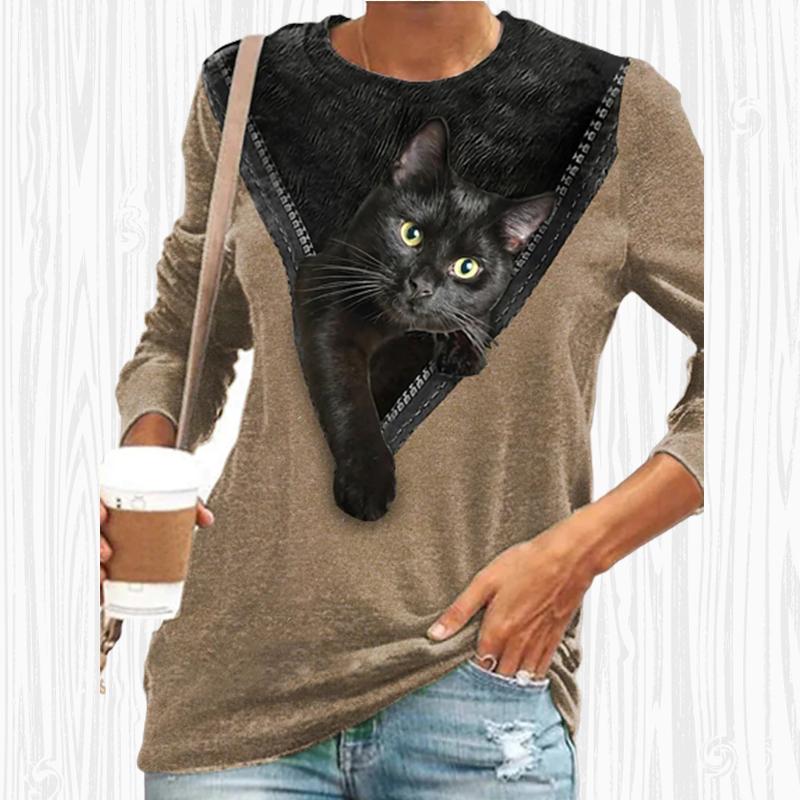 Katze T-Shirt Damen - 3D Katzenaufdruck, Lockere Passform