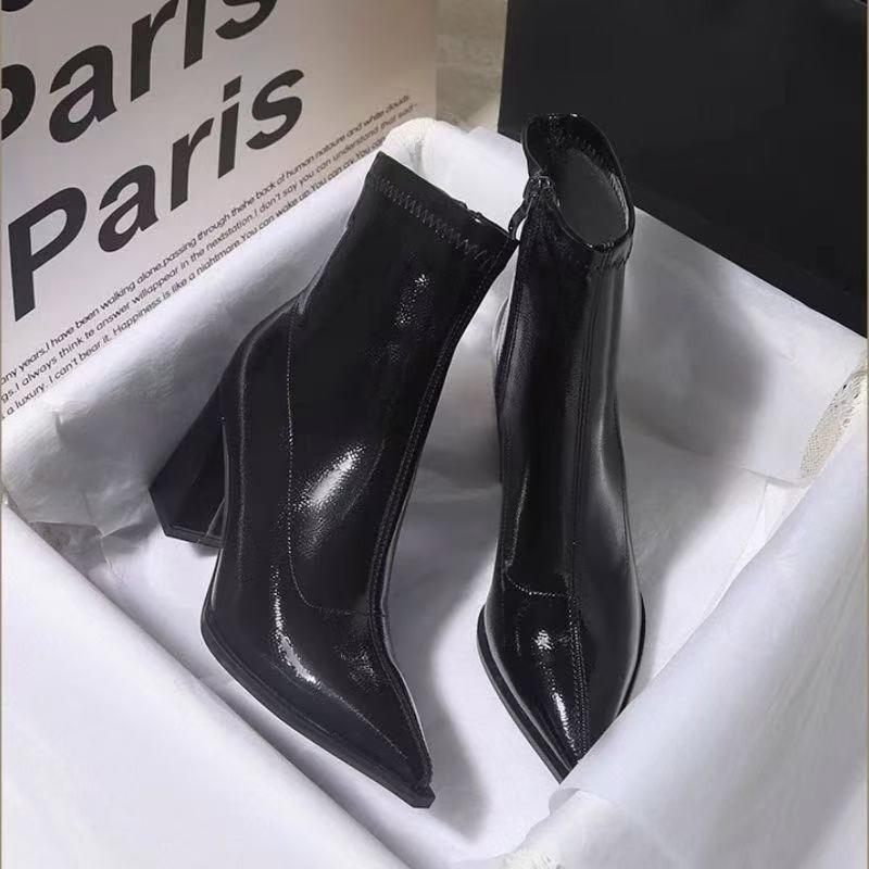 Vintage Thick Heel Women Ankle Boots Fashion Patent Leather Pointed Toe Short Booties Wedding Party Autumn Winter Shoes