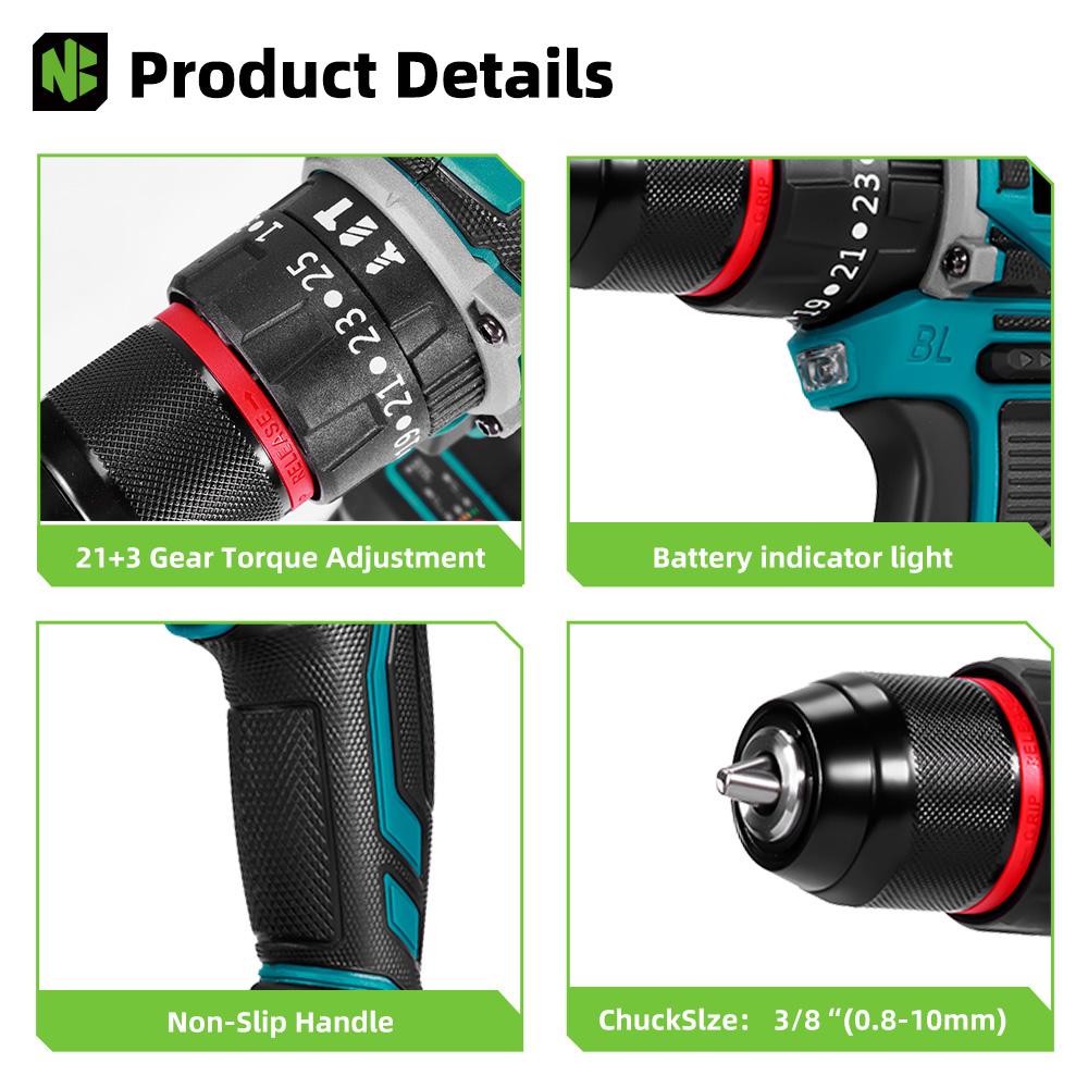 Newbeny 80NM Brushless Electric Drill 3 IN 1 Cordless Impact Drill Electric Screwdriver Power Tools For 18V Battery