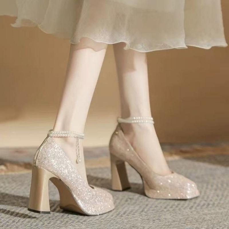 Fashion Single Shoes Spring New Style Square Head Shallow Mouth Sequin Beaded Line with Waterproof Platform High Heels