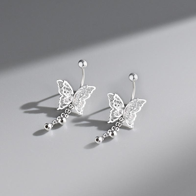 Silver Color Hollow Butterfly Tassel Earrings for Women Simple Curved Hook Screw Buckle Earrings Y2K Elegent Jewelry Gift