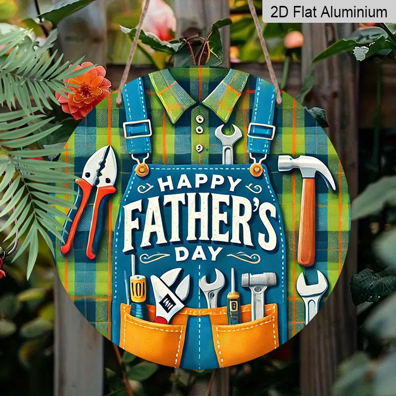 2D Flat, 1pc Round Happy Father's Day Aluminum Hanging Sign, Tool Apron Plaid Design, Durable Metal Wall Decor, Perfect for Dad Gift, Home, Bar