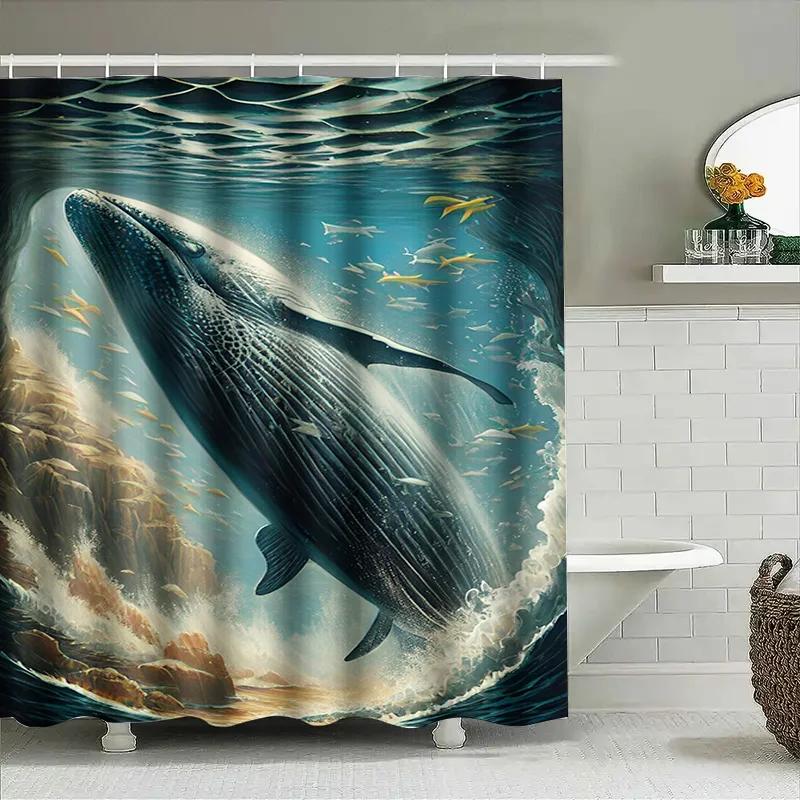 Whale Print Shower Curtain Waterproof Fabric Home Decor Bath Shower Cura Duvet Cover Underwater World Ocean Marine Life Artistic
