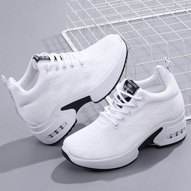 Trendige Weiße Damen-Schuhe zur Größensteigerung, Obermaterial aus Fly-Knit-Mesh, Dicke Sohle, Bequeme & Vielseitige Freizeitsneakers