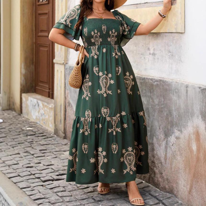 Dark Green Floral Print Square Neck Bubble Sleeve Midi Dress
