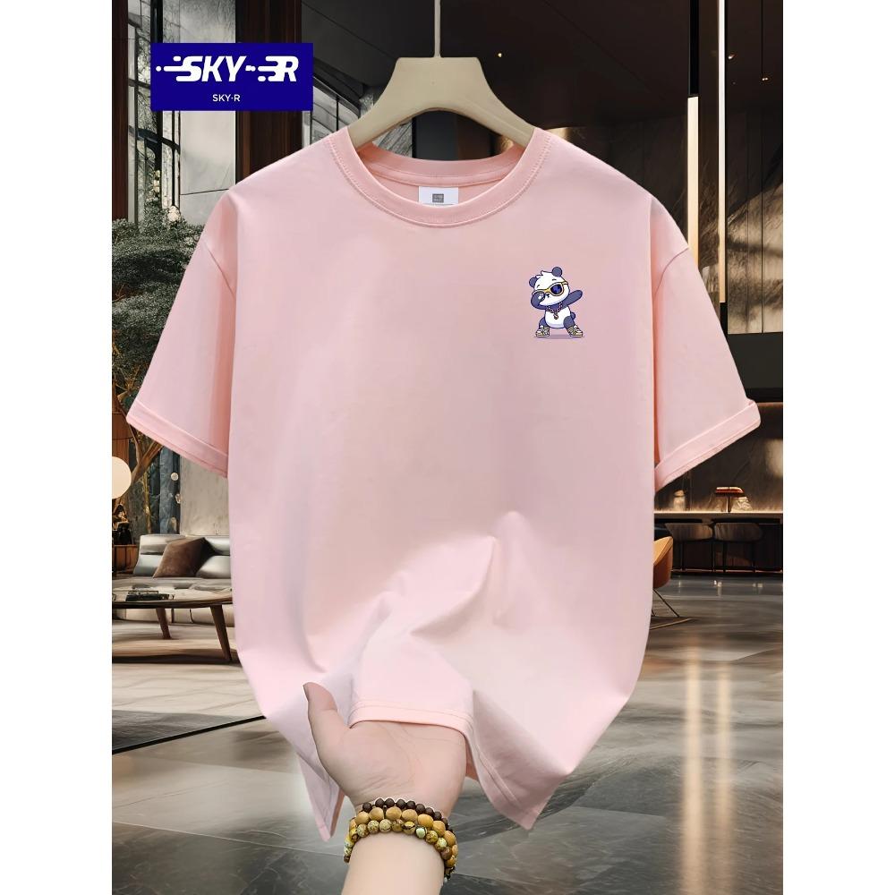 Men's summer 100% pure cotton fashionable casual loose sports cartoon bear pattern printed round neck short sleeved T-shirt top