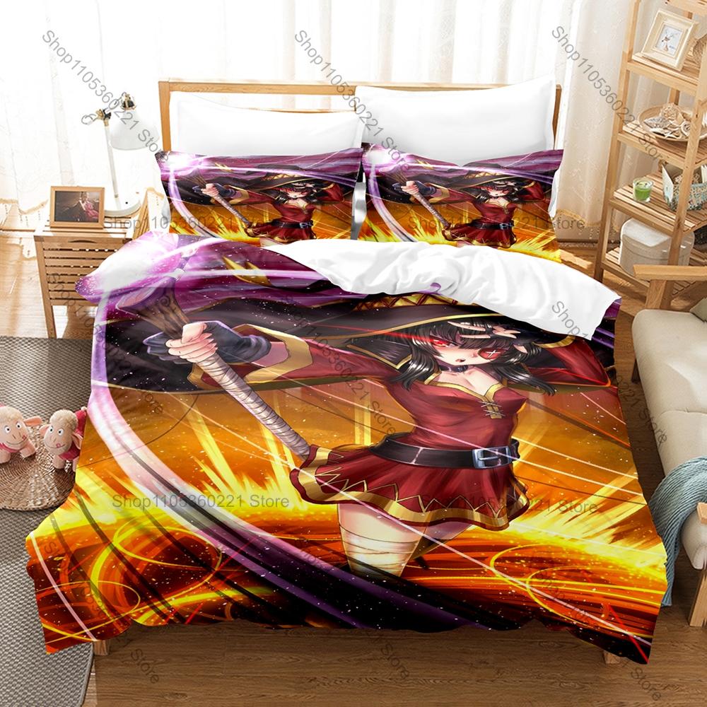 Cool Megumin Konosuba Duvet Cover + 2 Pillowcases Kazuma Aqua Darkness Collage Print Soft Quilt Cover Set New Anime Bedroom Deco