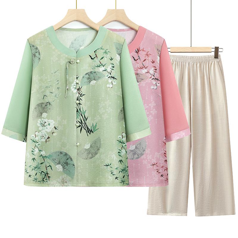2026 Chinese-Style Two-Piece Set for Grandma: Lightweight Summer Outfit with Seven-Sleeve Top for Moms